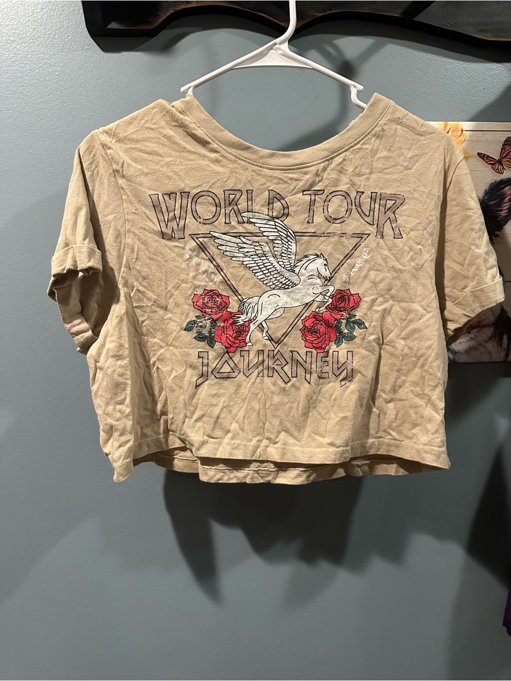 Vibe Beige Graphic Crop Top with Red Rose Detail